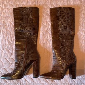 Brown Croc Pointed Leather Boots